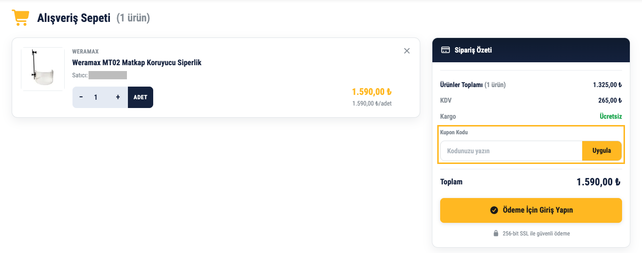 Sepet sayfasında Kupon Kodu alanı ve Uygula düğmesi