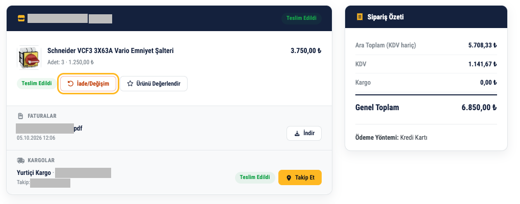 Sipariş detayında ürünün altındaki İade/Değişim düğmesi