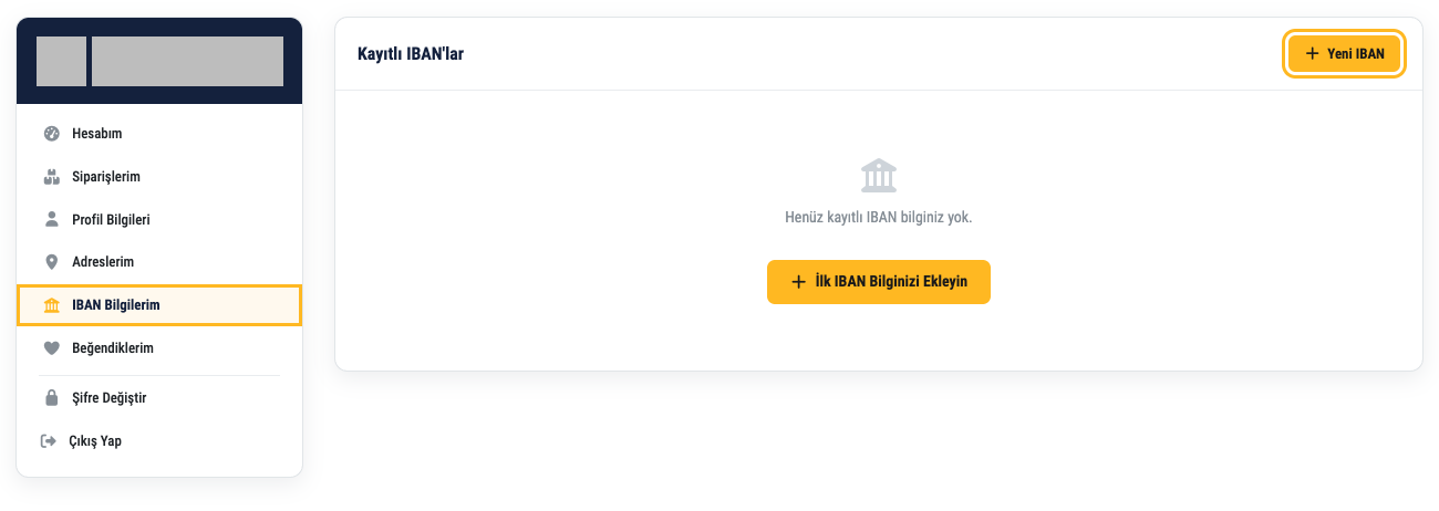 Hesabım › IBAN Bilgilerim sayfası ve Yeni IBAN düğmesi
