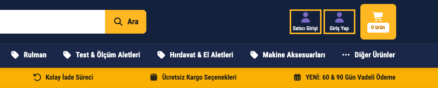 Masaüstünde üst menüdeki Satıcı Girişi ve Giriş Yap düğmeleri