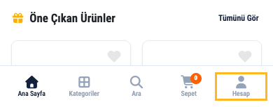Mobilde alttaki menüde Hesap düğmesi