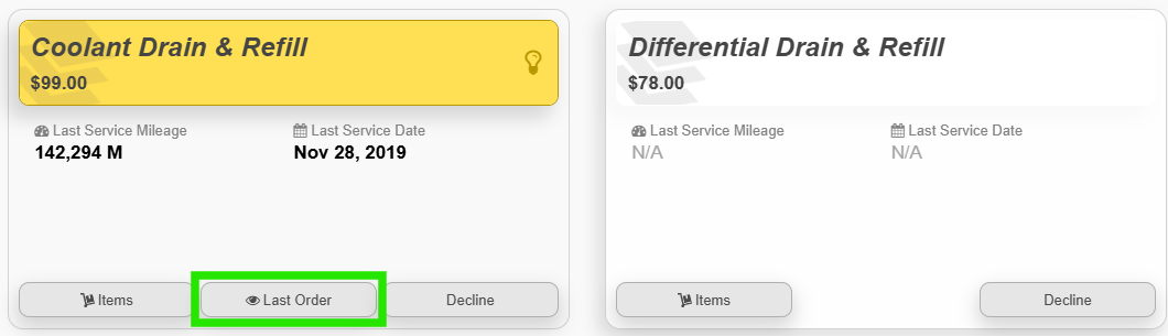 Last Order button on a package in the Servicing tab
