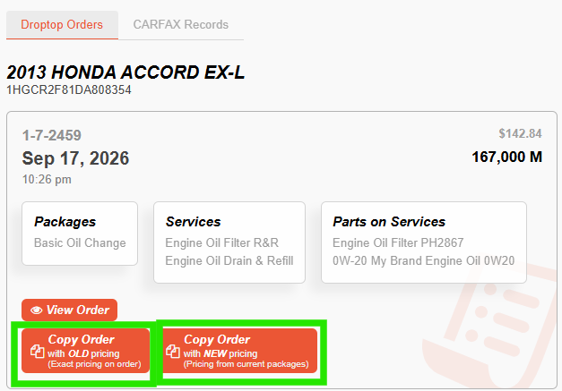 Copy Order with Old Pricing and Copy Order with New Pricing options on a past order