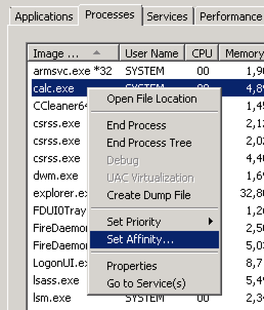 process affinity not being set