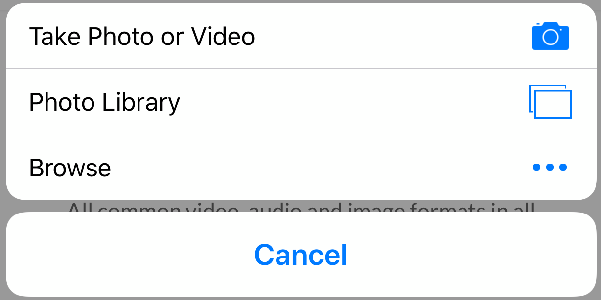 screenshot of iOS options for uploading media