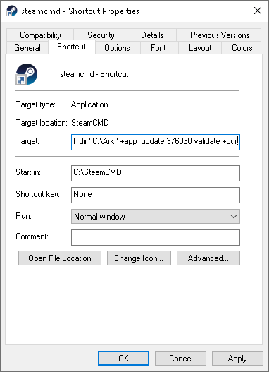 SteamCMD Shortcut Properties