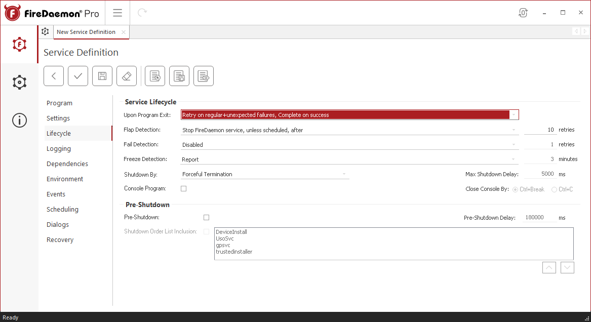 FireDaemon Pro OneDrive lifecycle settings