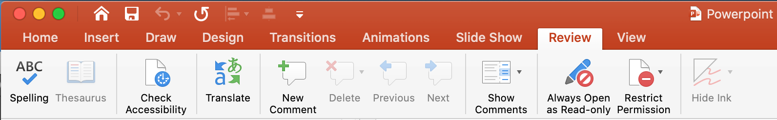 Check Accessibility tool in the Review ribbon in PowerPoint