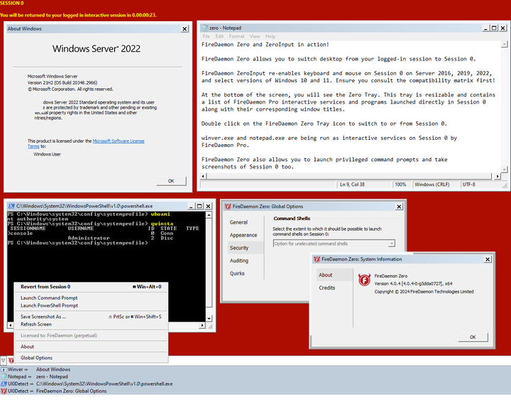 Interactive FireDaemon Pro 6 Services and Zero 4 Tray Running on Session 0
