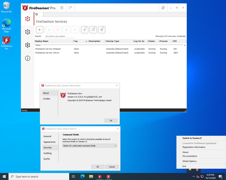 FireDaemon Pro 6 and Zero 4 Running on the Logged-On User Session