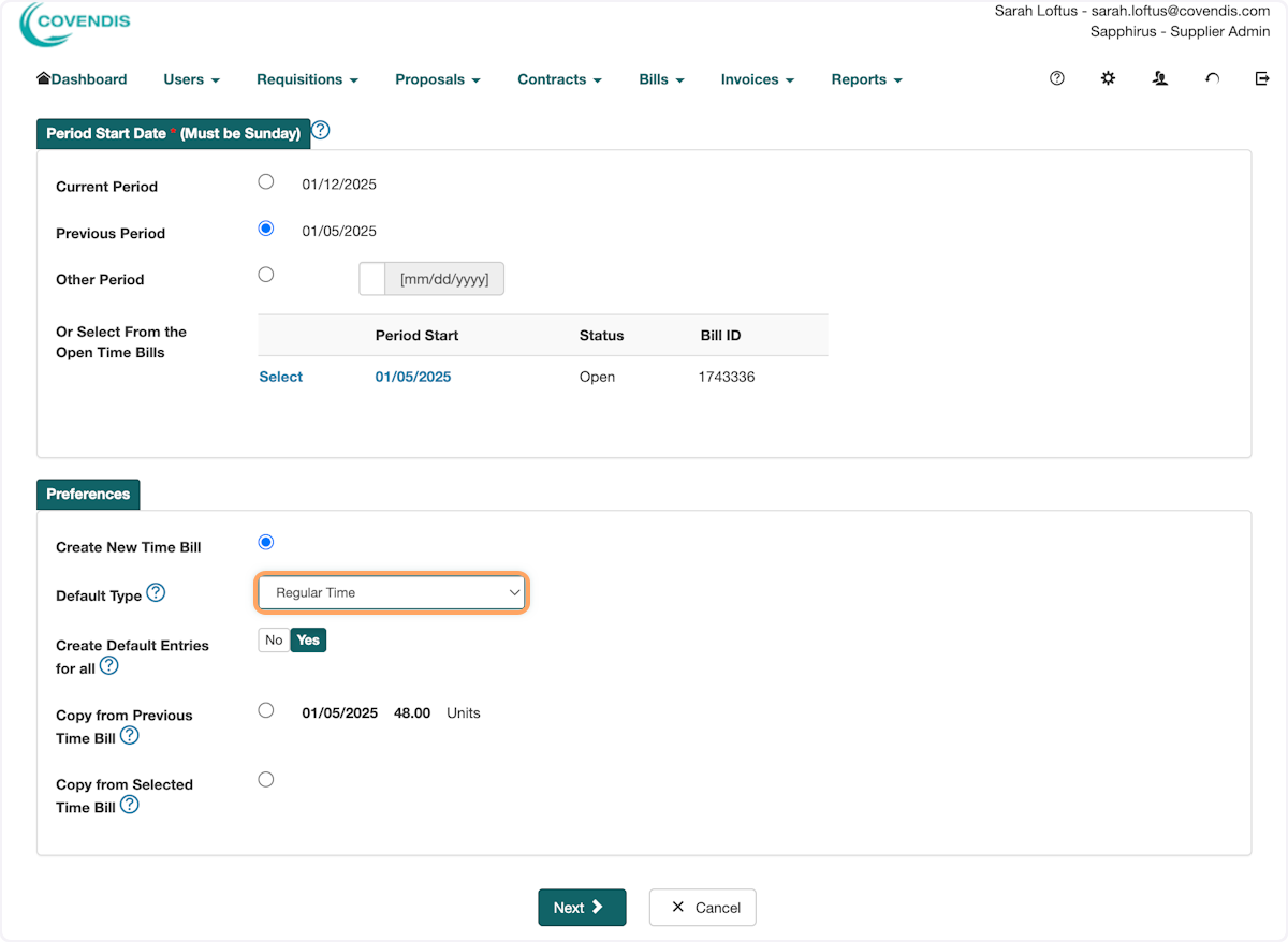 Here is the first page in submitting a time bill. Continue as usual, and select regular time on this page because the regular hours are what you are inputting first.