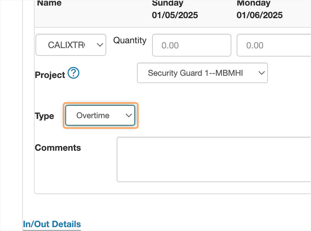 Select Overtime from Type. This will differentiate the Overtime from the Regular Time.