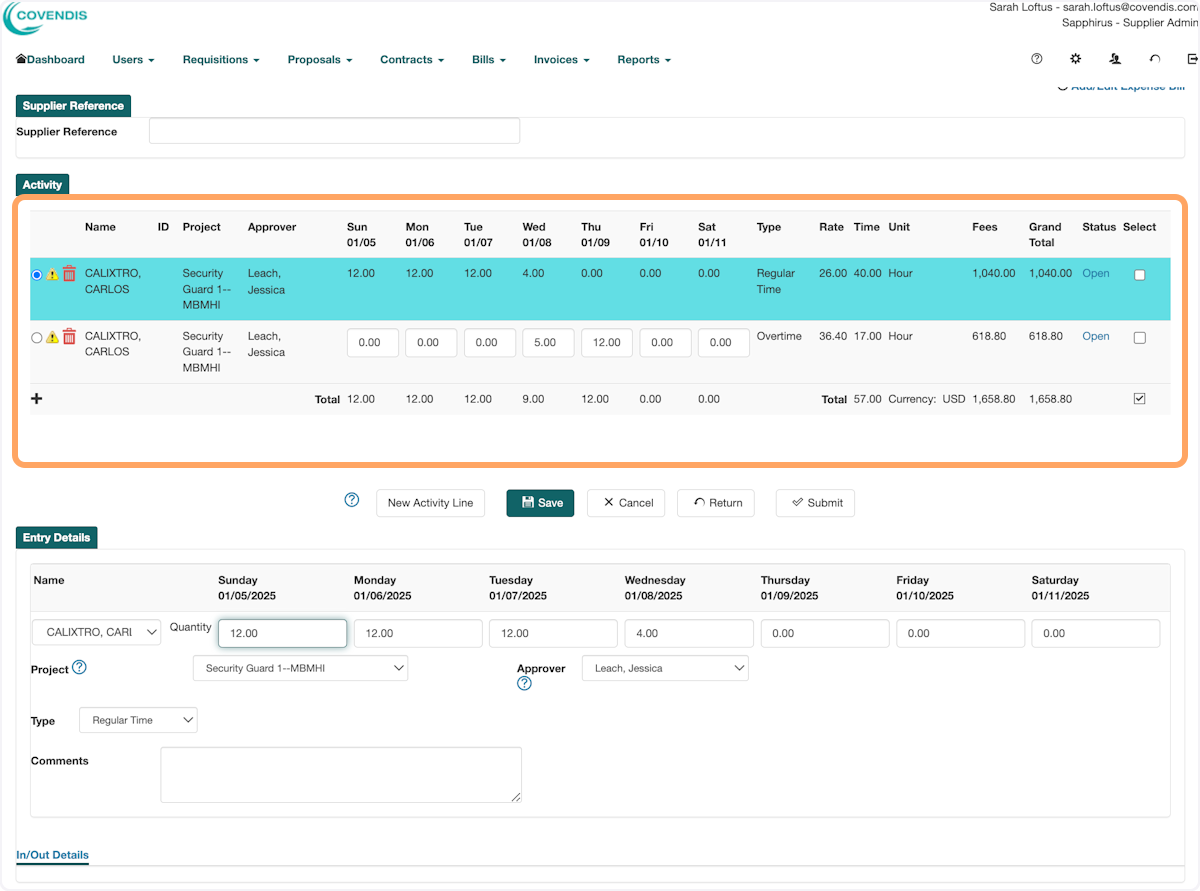 Now you should see the two time line items, one regular time, one overtime, on the same bill. Review this info
