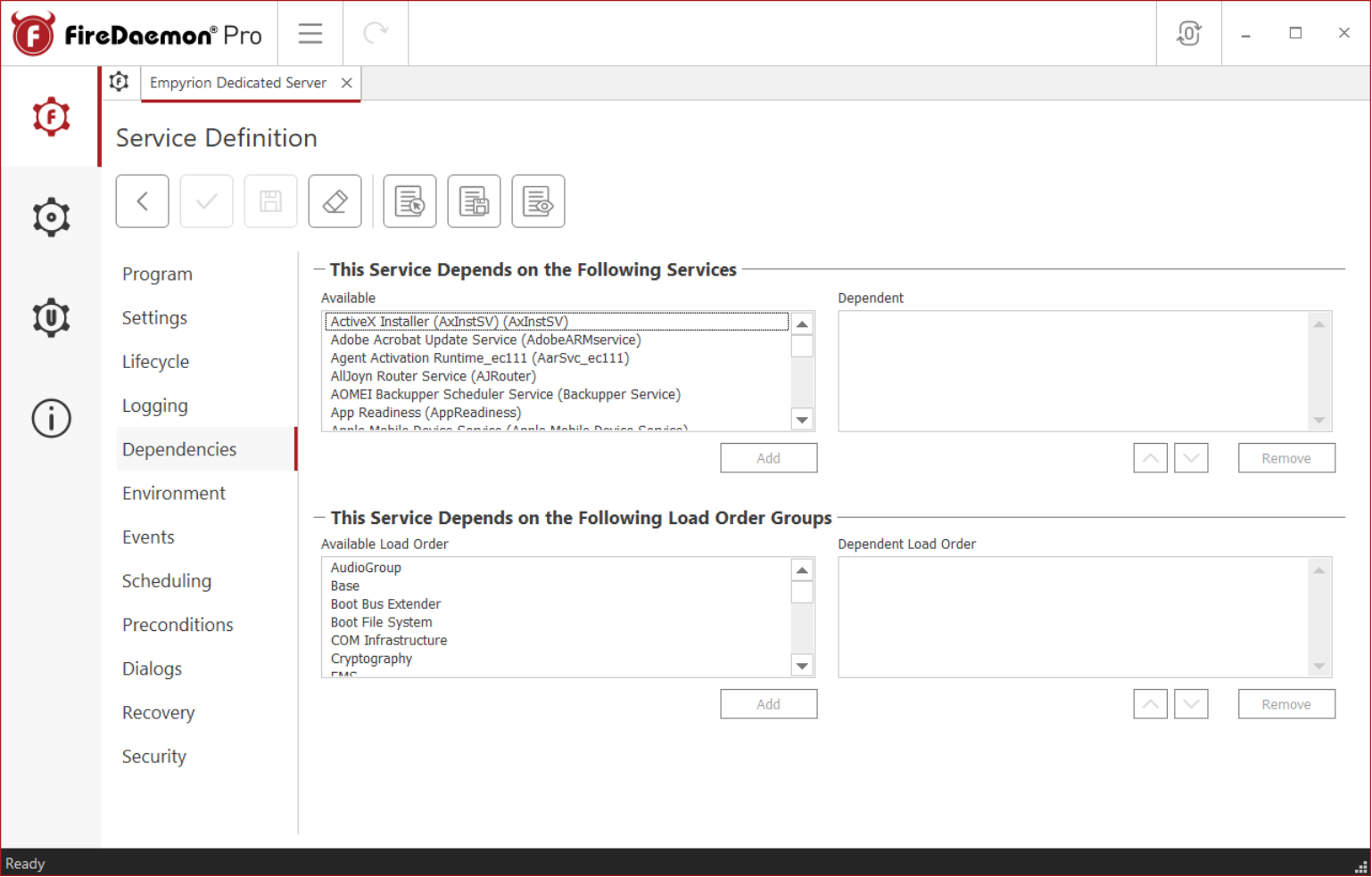 FireDaemon Pro 6 Dependencies Tab