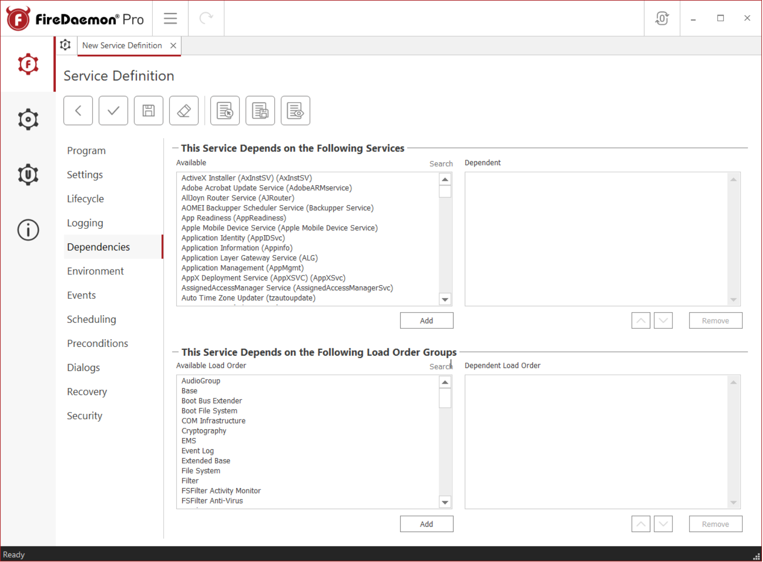 FireDaemon Pro Dependencies Tab