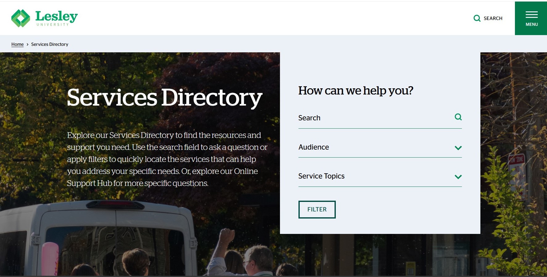 Landing of university services directory. The page introduction, search bar, and dropdown filters by audience and topic are displayed.