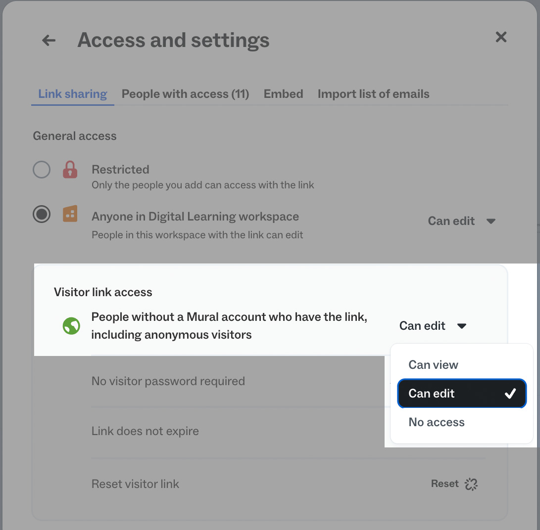 Setting 'Can View' visitor link in Access and Settings dialog in MURAL