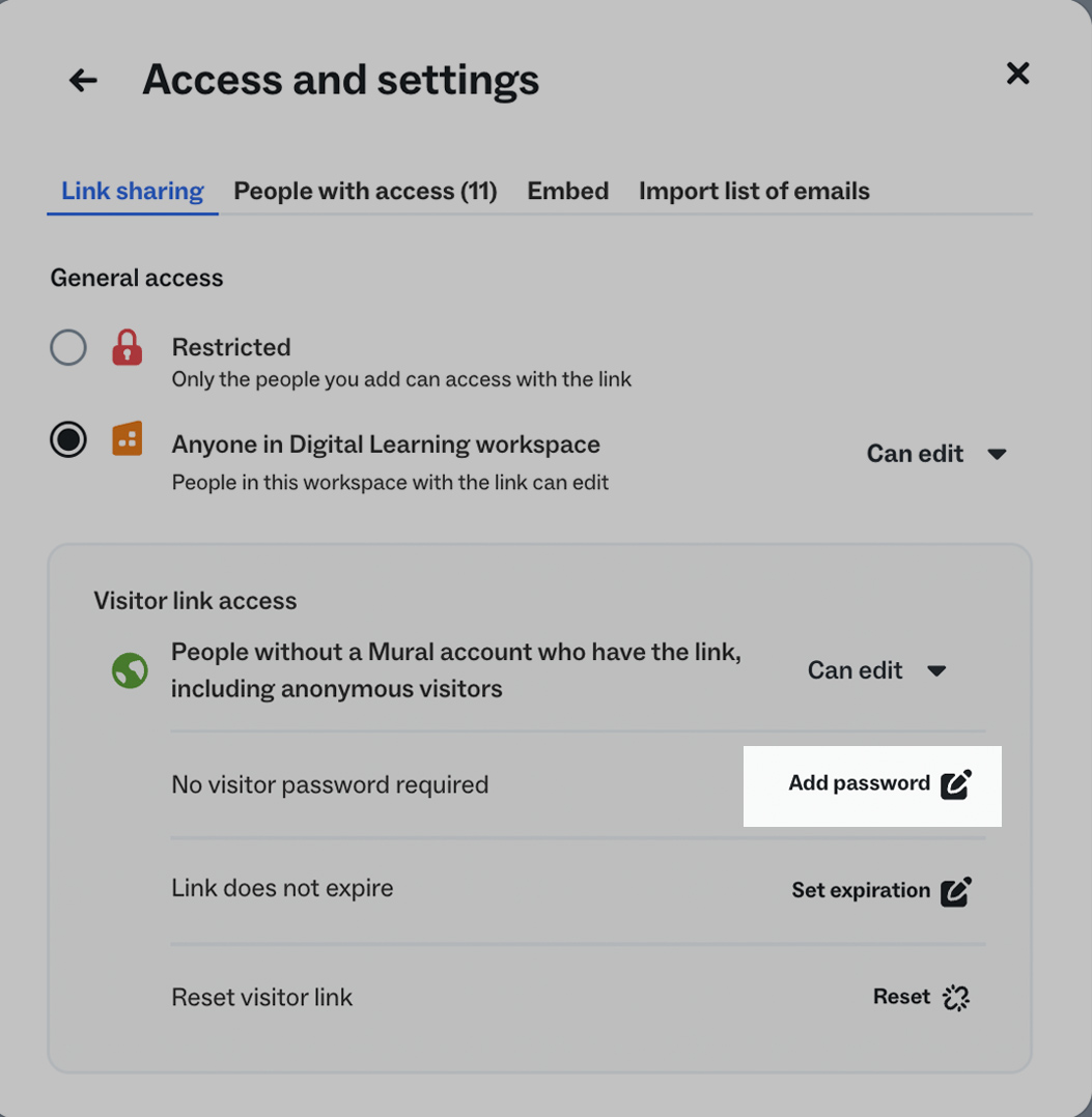 MURAL Access and settings dialog box showing 'Add password' button