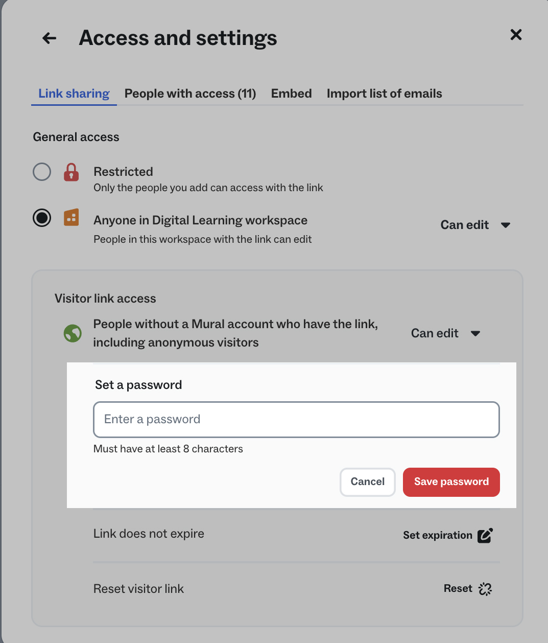 MURAL Access and settings dialog box showing 'Add password' field options