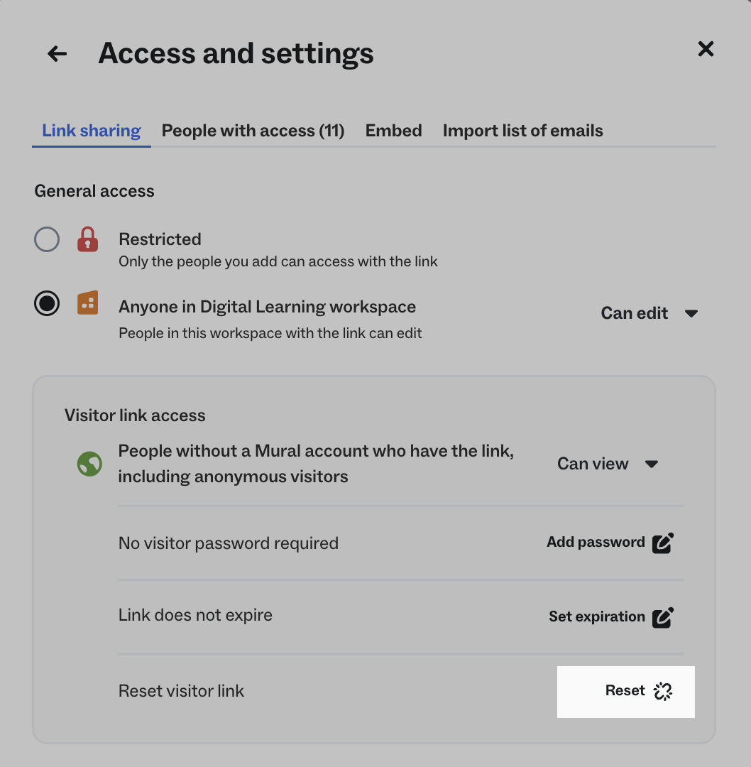 Access and setting dialog in MURAL showing the Reset Visitor link