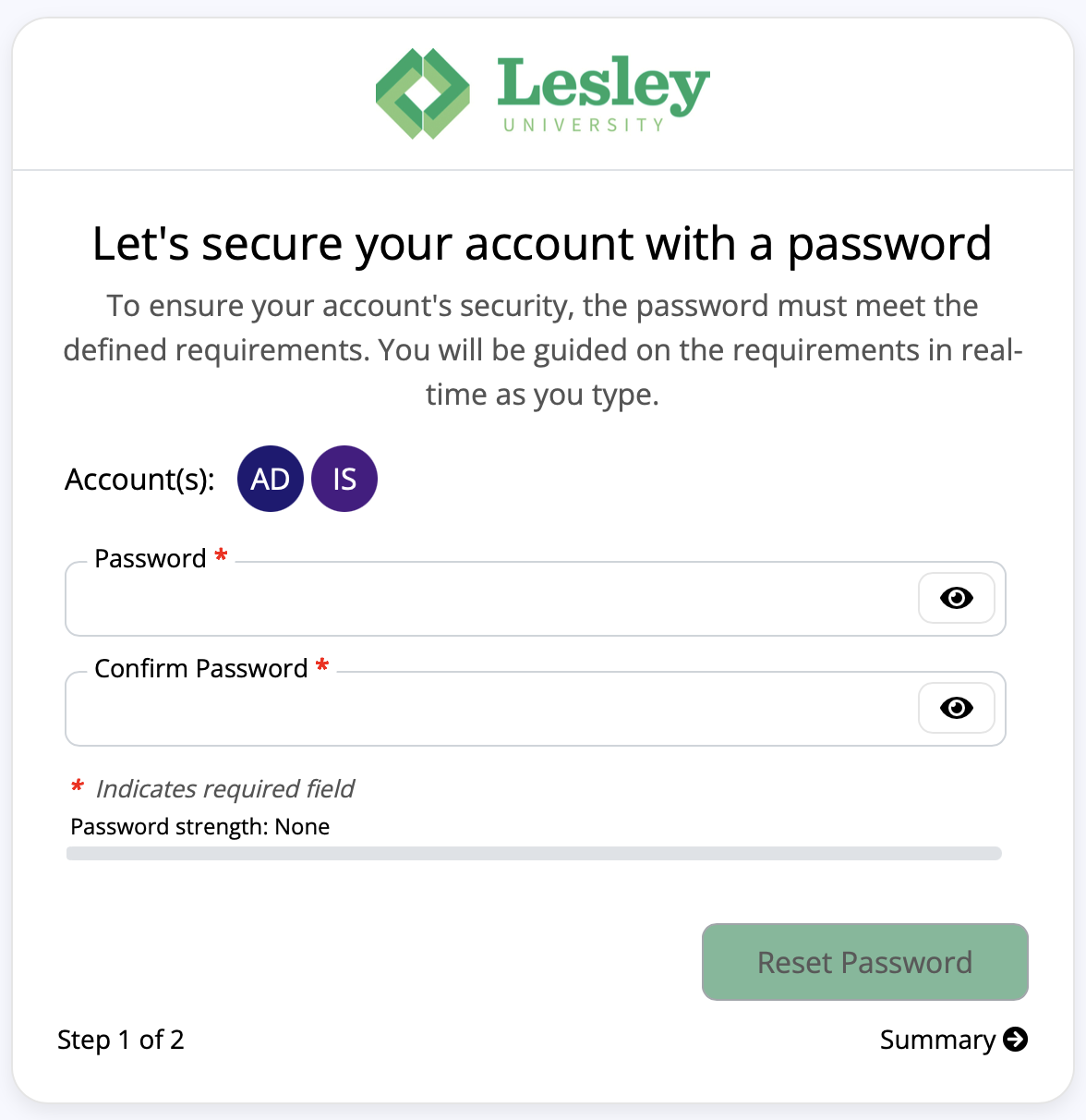 Screenshot of entering new password.