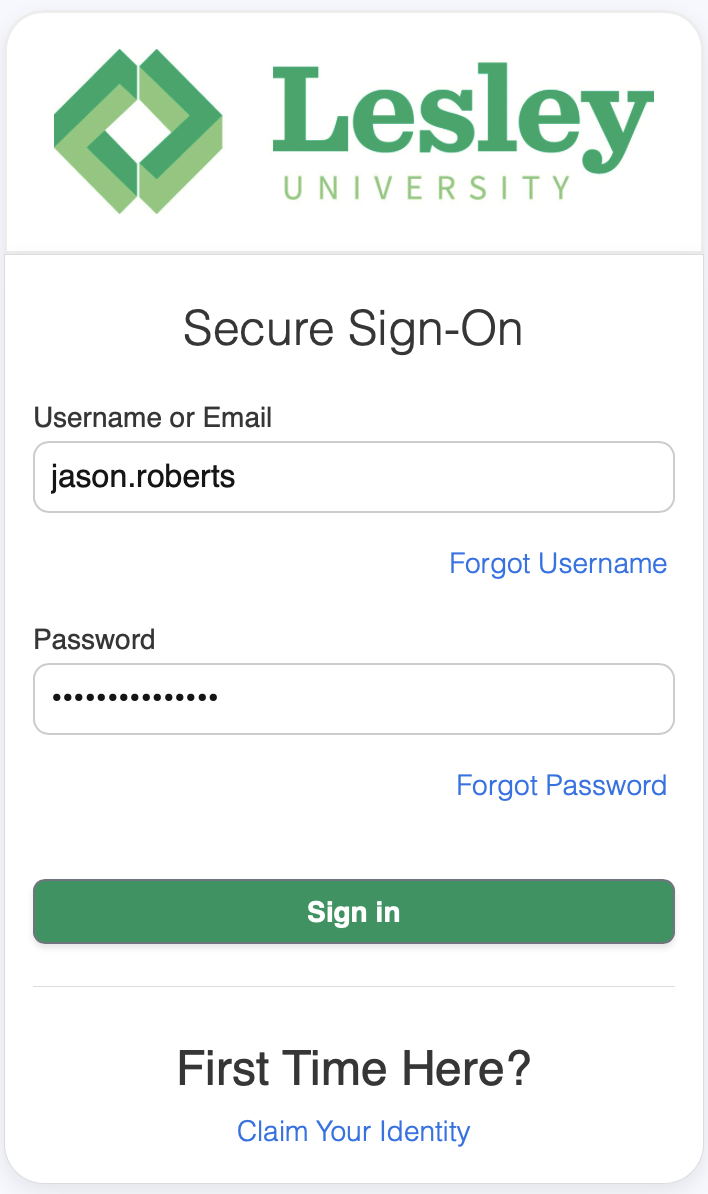 Screenshot of username login