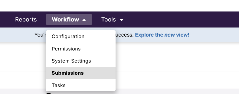 Faculty Success—Workflow menu open with Submissions highlighted.