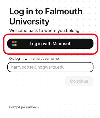Logging into falmouthuniversity.padlet.org screen showing 'Continue with Microsoft' button.