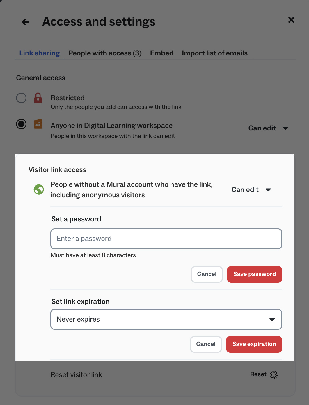 Access and settings dialog showing Visitor link access settings in a mural