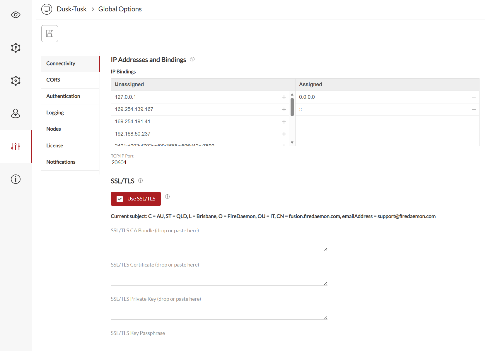 FireDaemon Fusion Global Options Connectivity Tab
