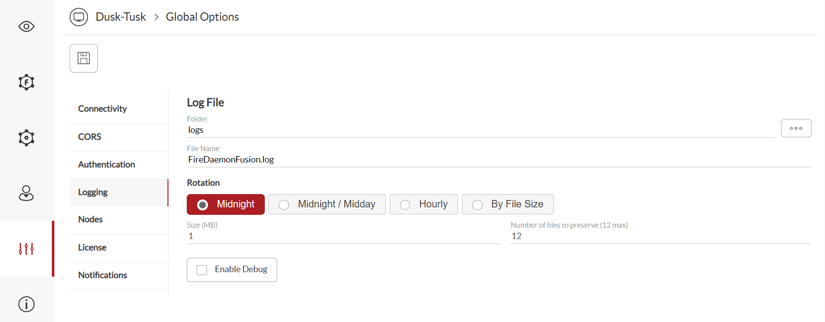 FireDaemon Fusion Global Options Logging Tab