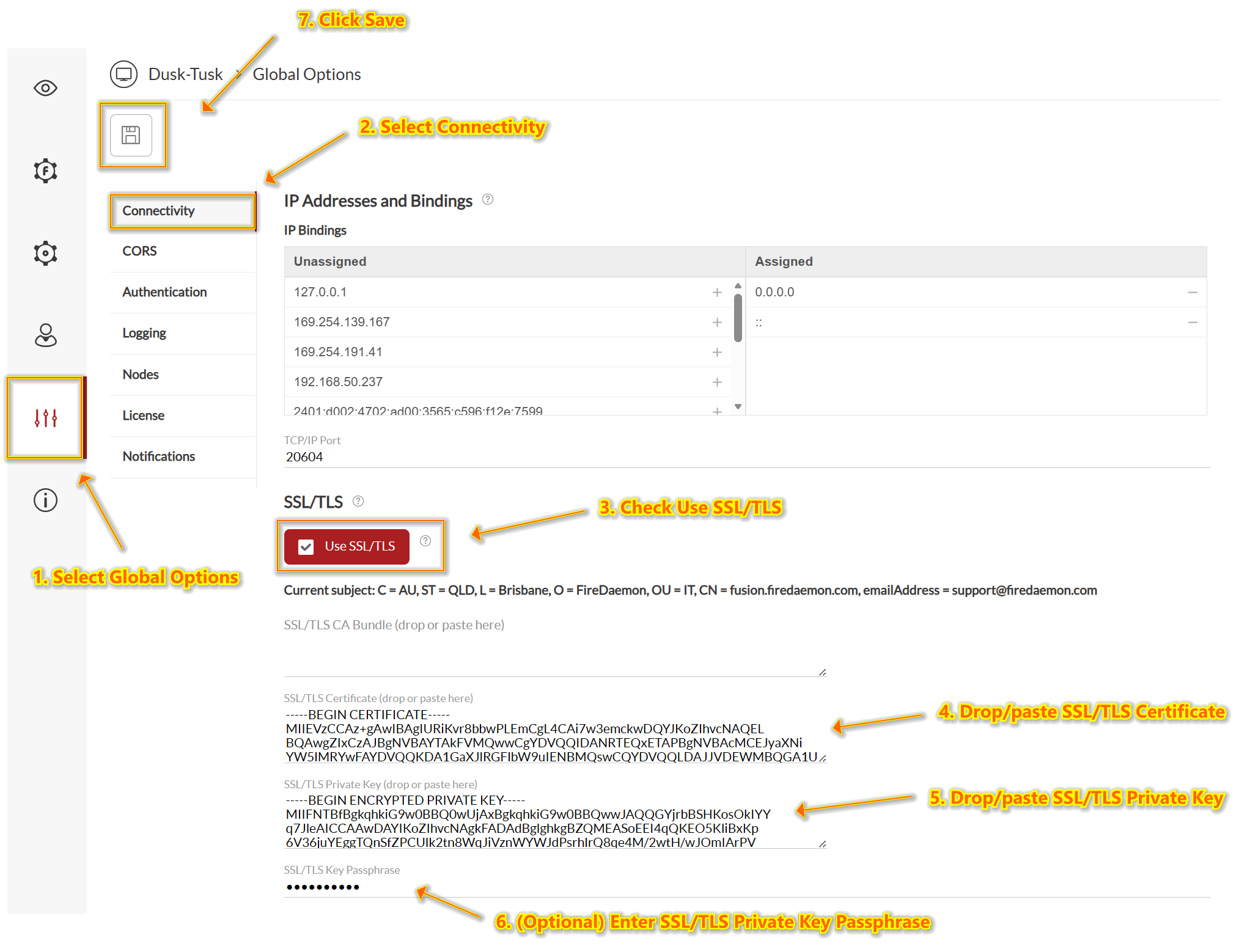 FireDaemon Fusion Global Options SSL/TLS Setup