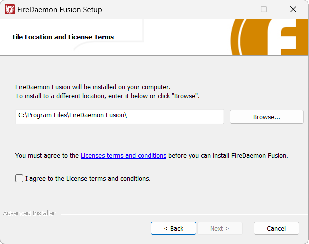 FireDaemon Fusion Setup File Location and License Terms