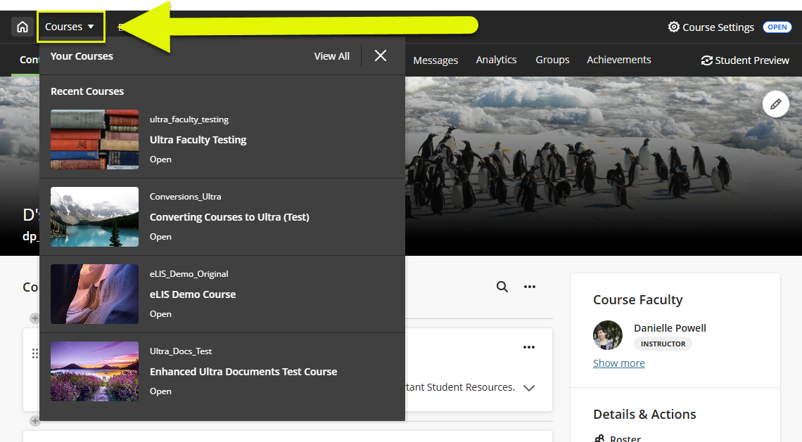 The new course switcher lets users move between the four most recent courses