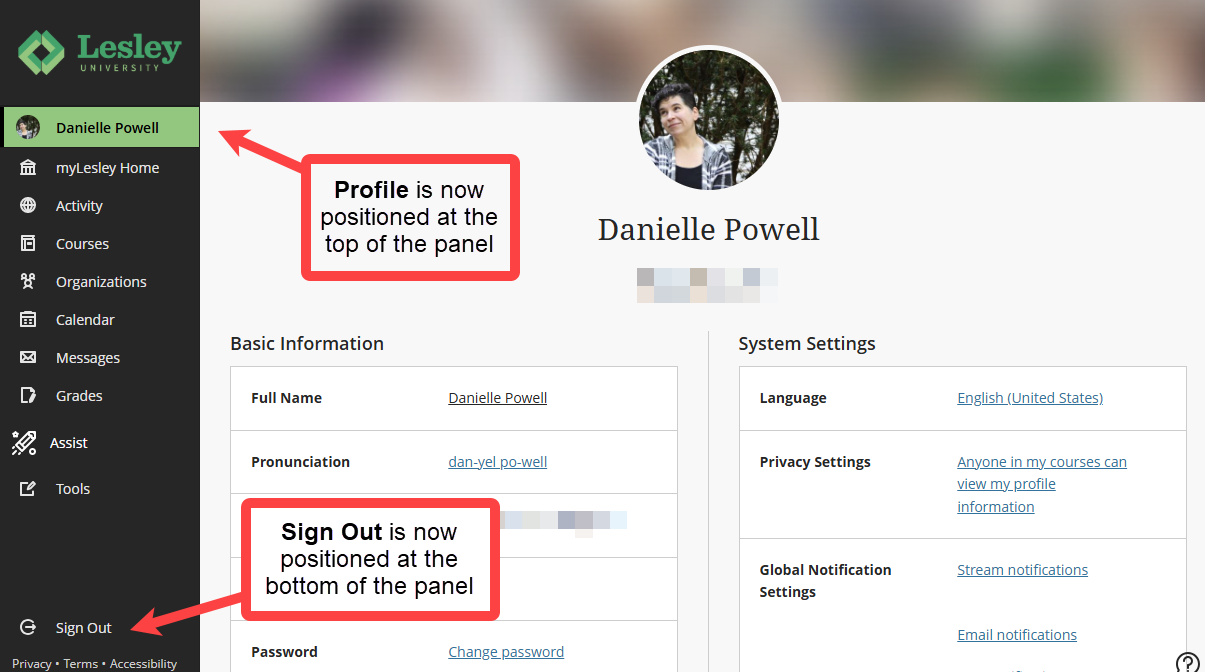 The refreshed Base Navigation menu moves Profile to the top of the menu and Sign Out to the bottom of the panel.