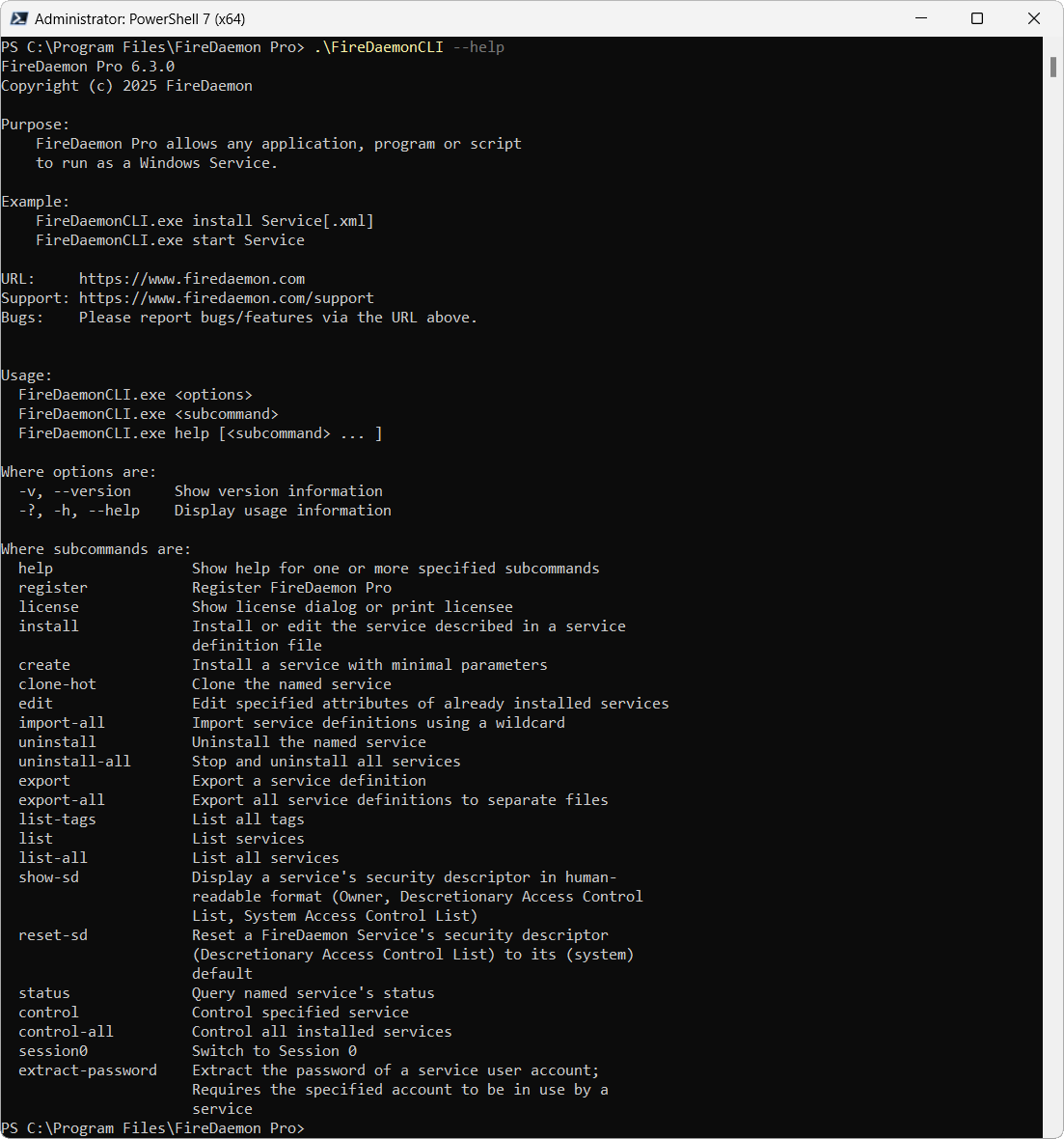 FireDaemon Pro FireDaemonCLI Options and Subcommands