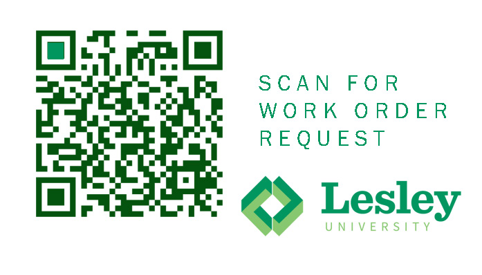 QR code labeled ‘Scan for Work Order Request’ with Lesley University logo.