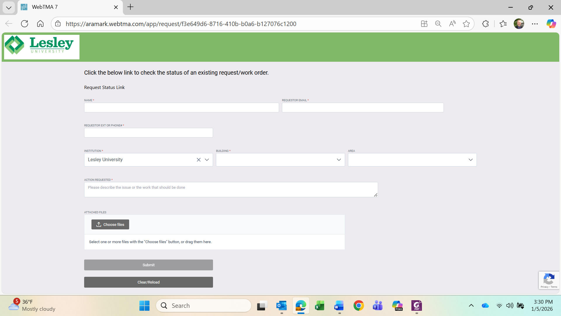 WebTMA service request form in a browser showing required fields (name, email, phone, institution, building, area) and an ‘Action Requested’ description box.