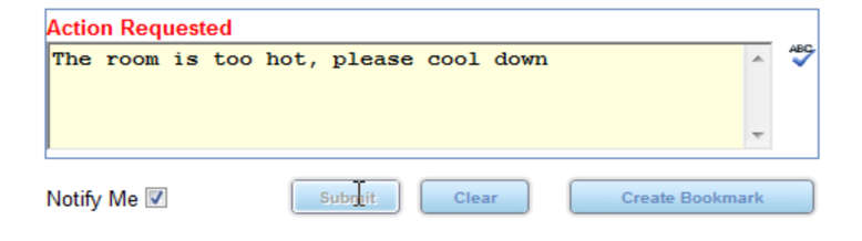 Close-up of the WebTMA ‘Action Requested’ field with an example request: ‘The room is too hot, please cool down,’ plus Submit and Clear buttons.