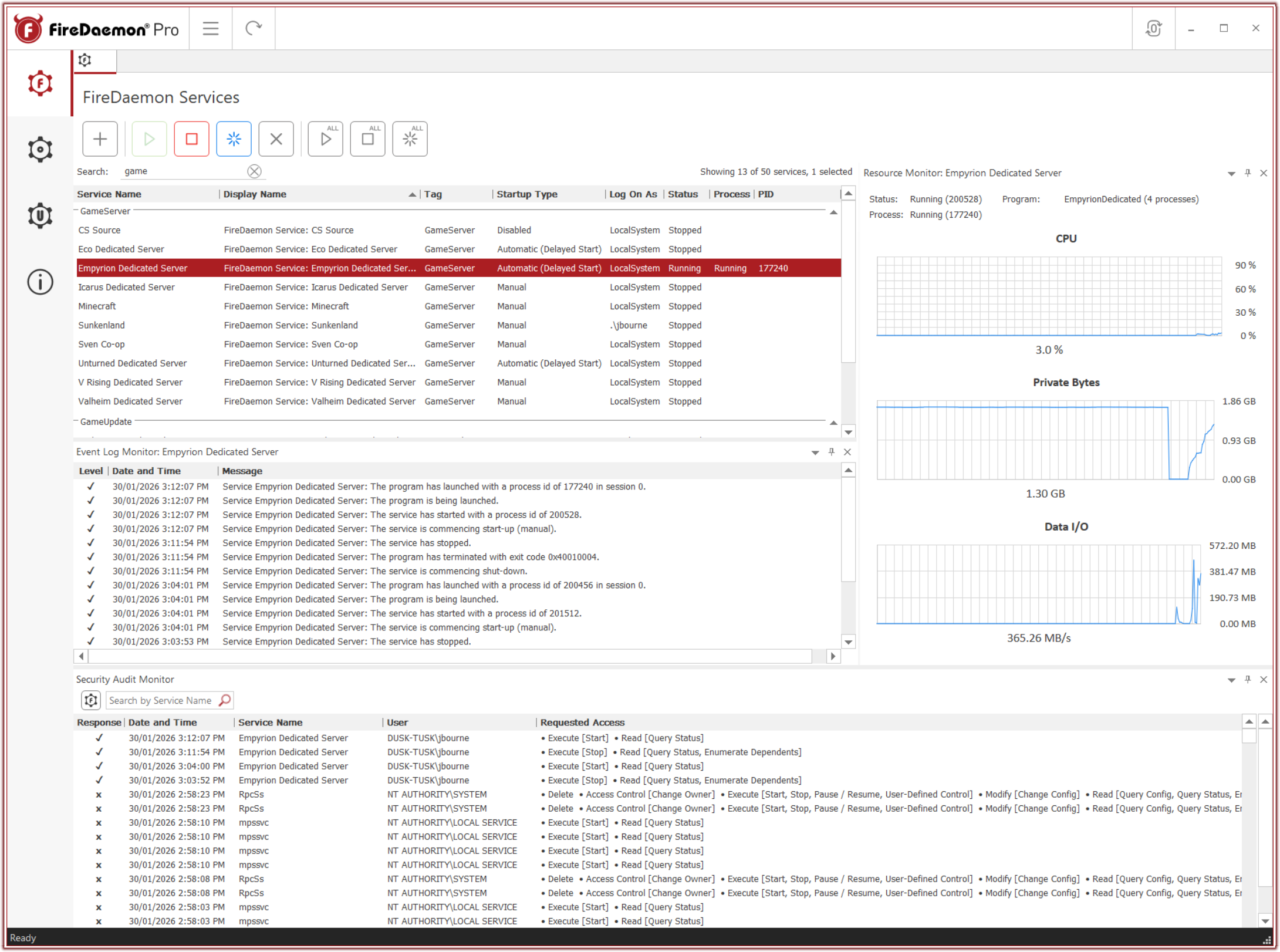 FireDaemon Pro 6 GUI showing FireDaemon Services list, Event Log, Resource Monitor & Security Audit Monitor