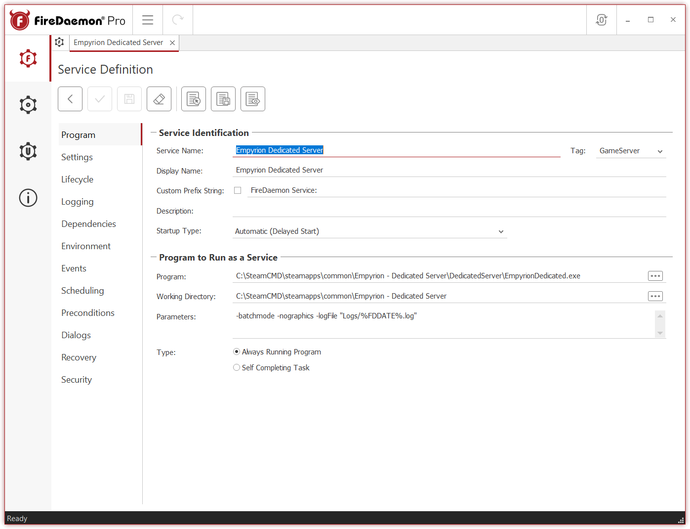 FireDaemon Pro 6 Program Tab