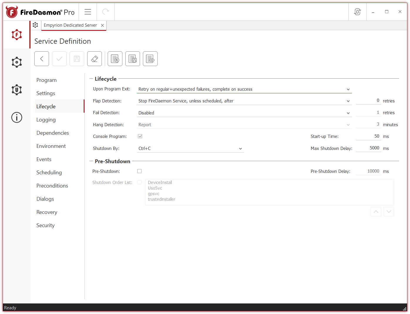 FireDaemon Pro 6 Lifecycle Tab