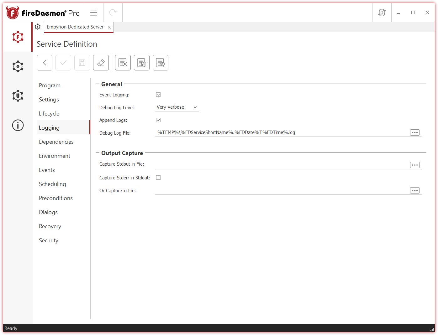 FireDaemon Pro 6 Logging Tab