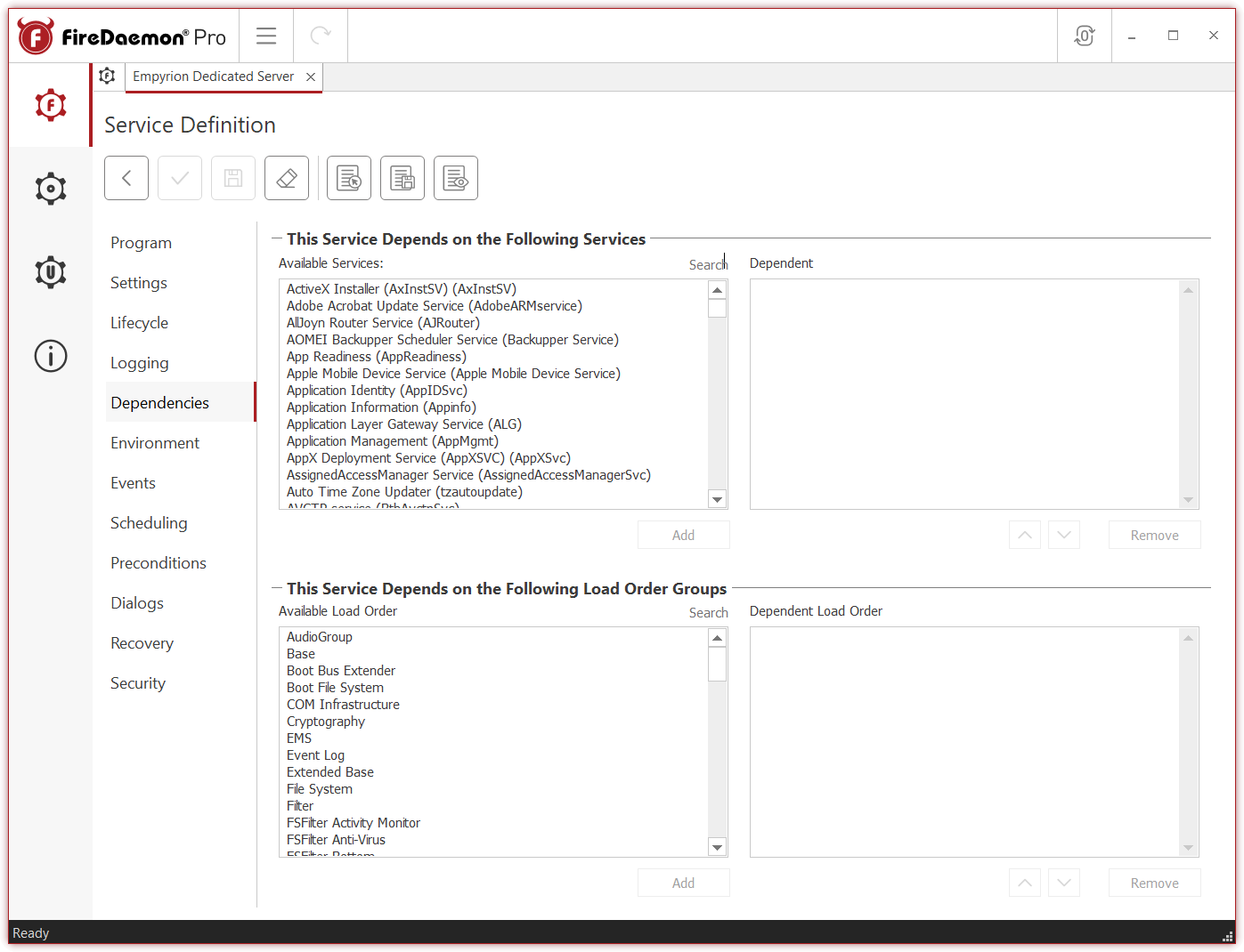 FireDaemon Pro 6 Dependencies Tab