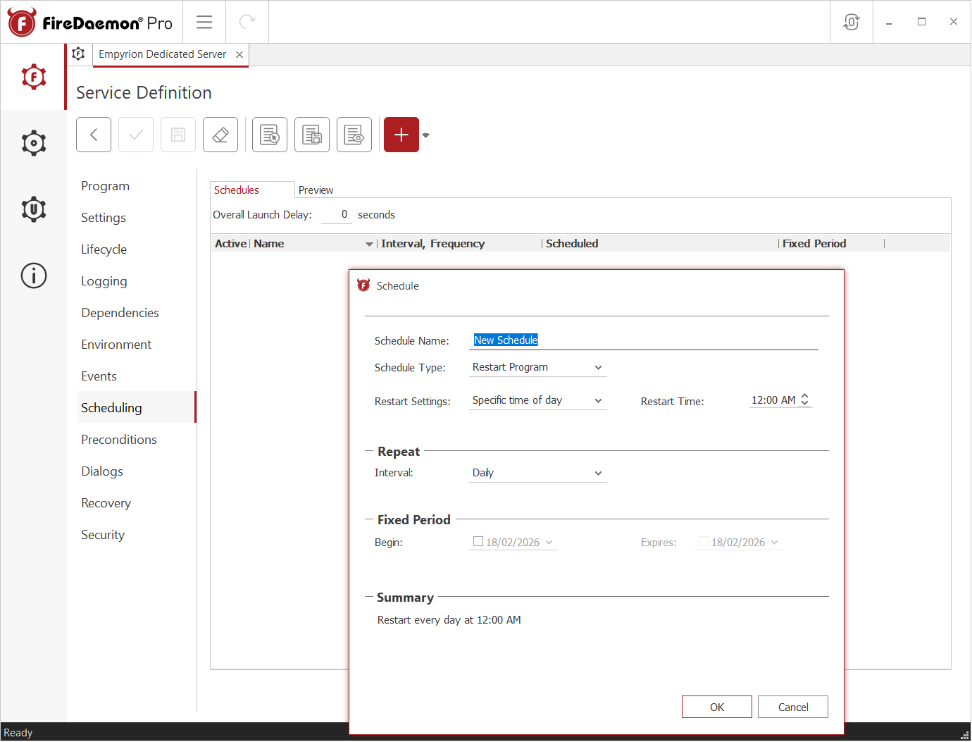 FireDaemon Pro 6 Scheduling Tab