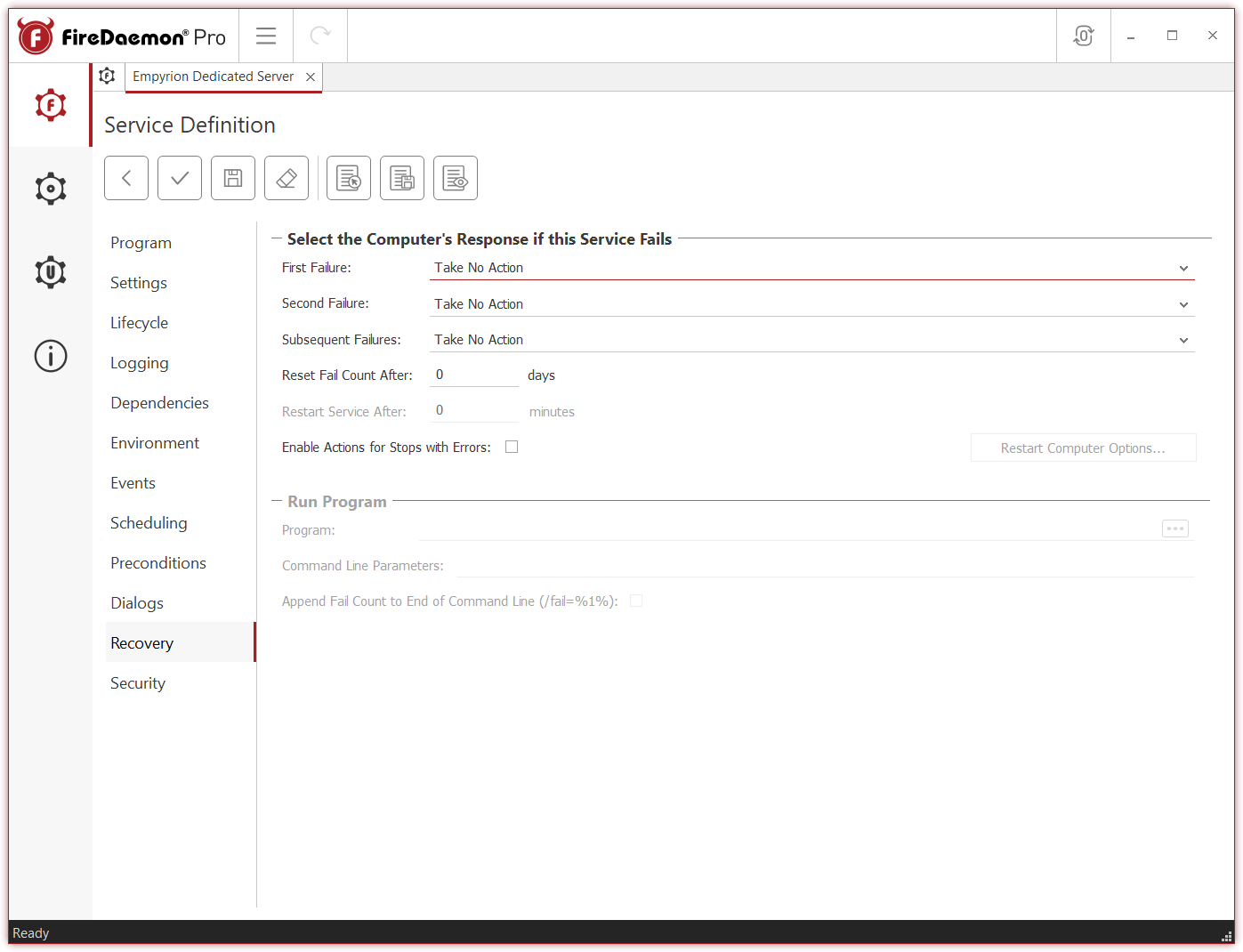 FireDaemon Pro 6 Recovery Tab