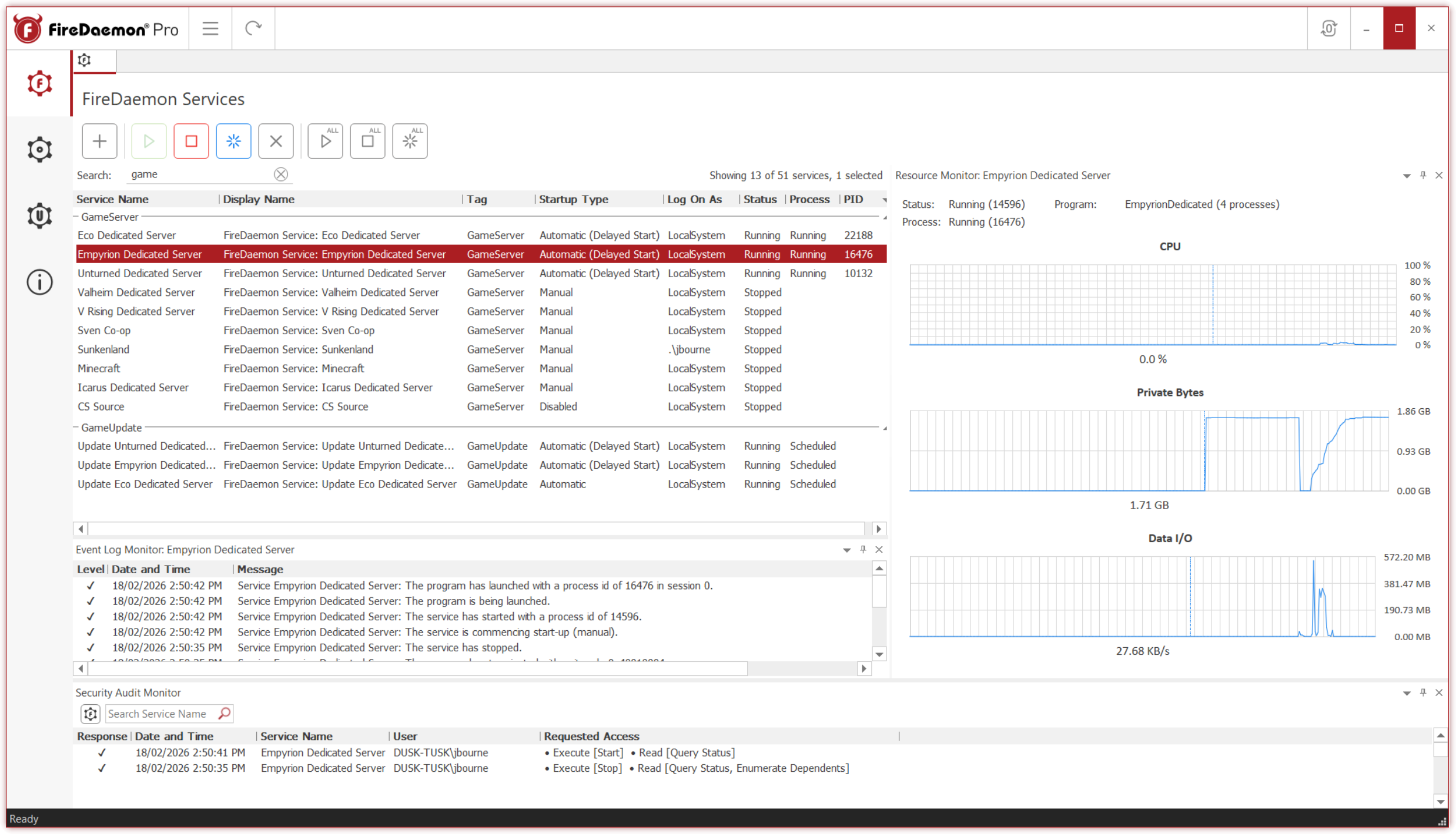FireDaemon Pro 6 GUI showing FireDaemon Services list, Event Log, Resource Monitor & Security Audit Monitor