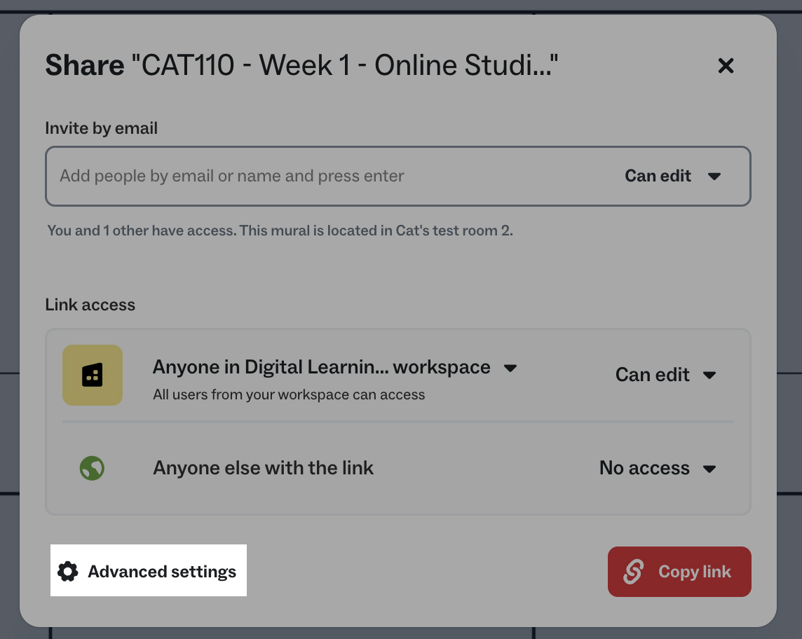 Mural share dialog showing the 'Advanced settings' link
