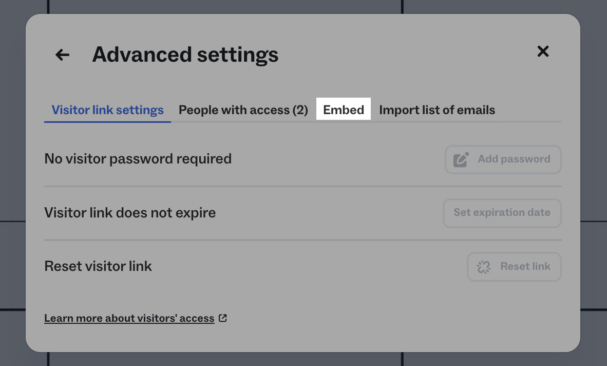 Mural Share dialog showing the embed option in the 'Advanced settings' tab.
