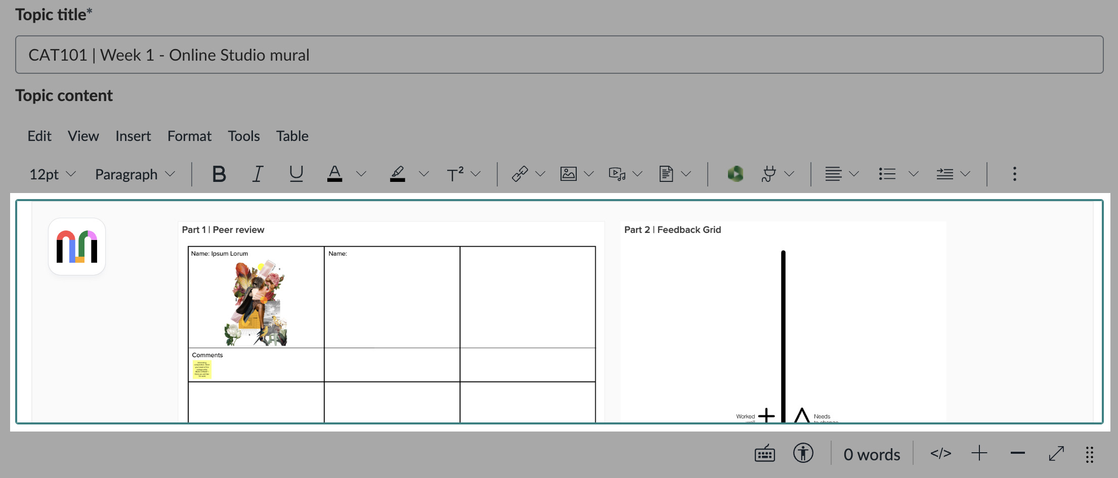 A mural embedded into the Rich Content Editor of an Announcement.